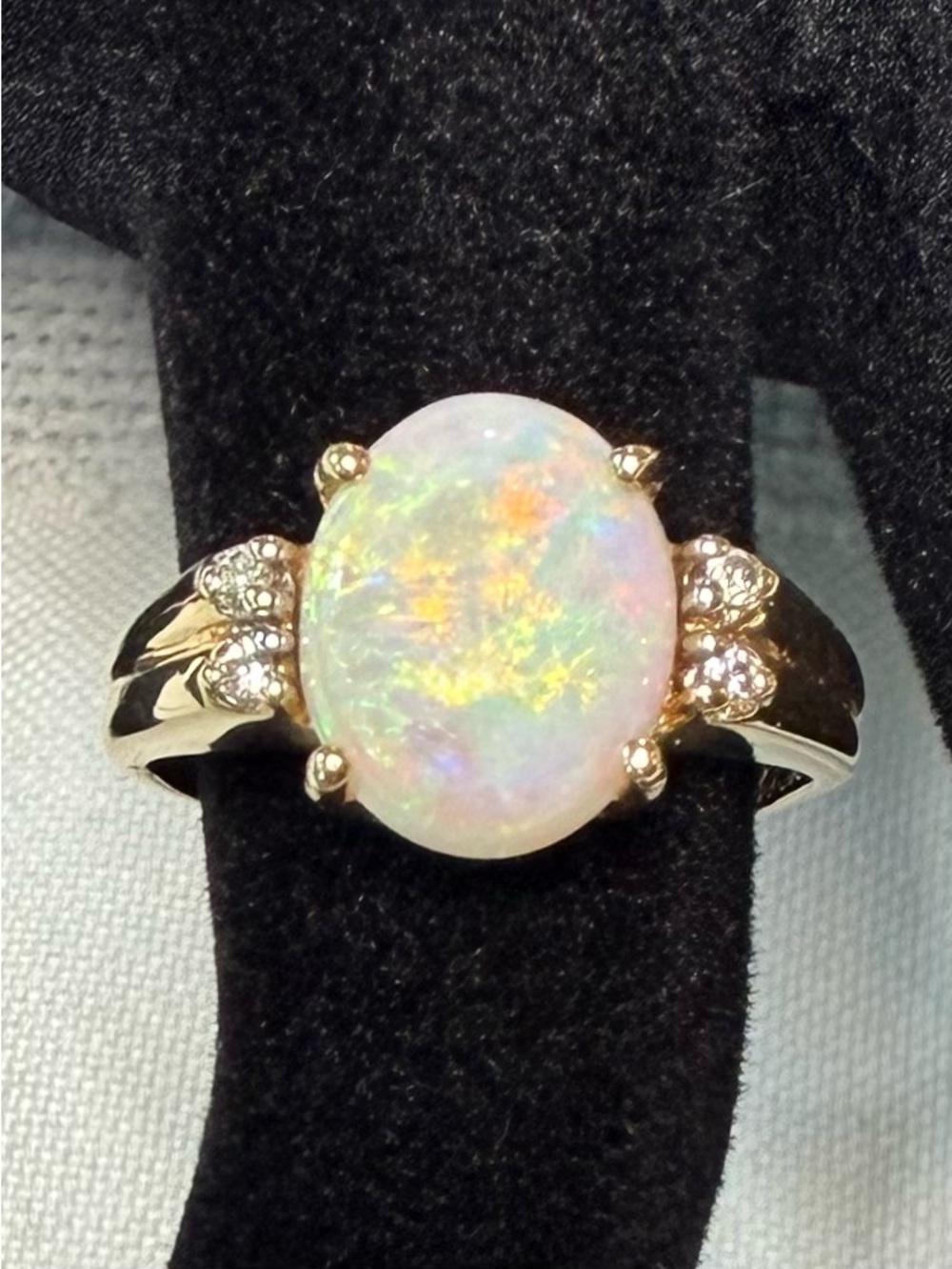 14K Gold Natural Flash Fire Opal & Diamond Ring .04ct Vintage Estate